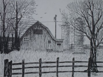 Barn and silo Wisconsin pen and ink drawing