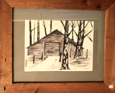 framed country barn pen and ink drawing